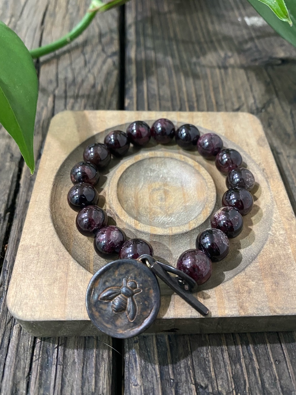 Red Garnet Toggle Bracelet with Rustic Bee Charm/fleurs-de-lis Charm